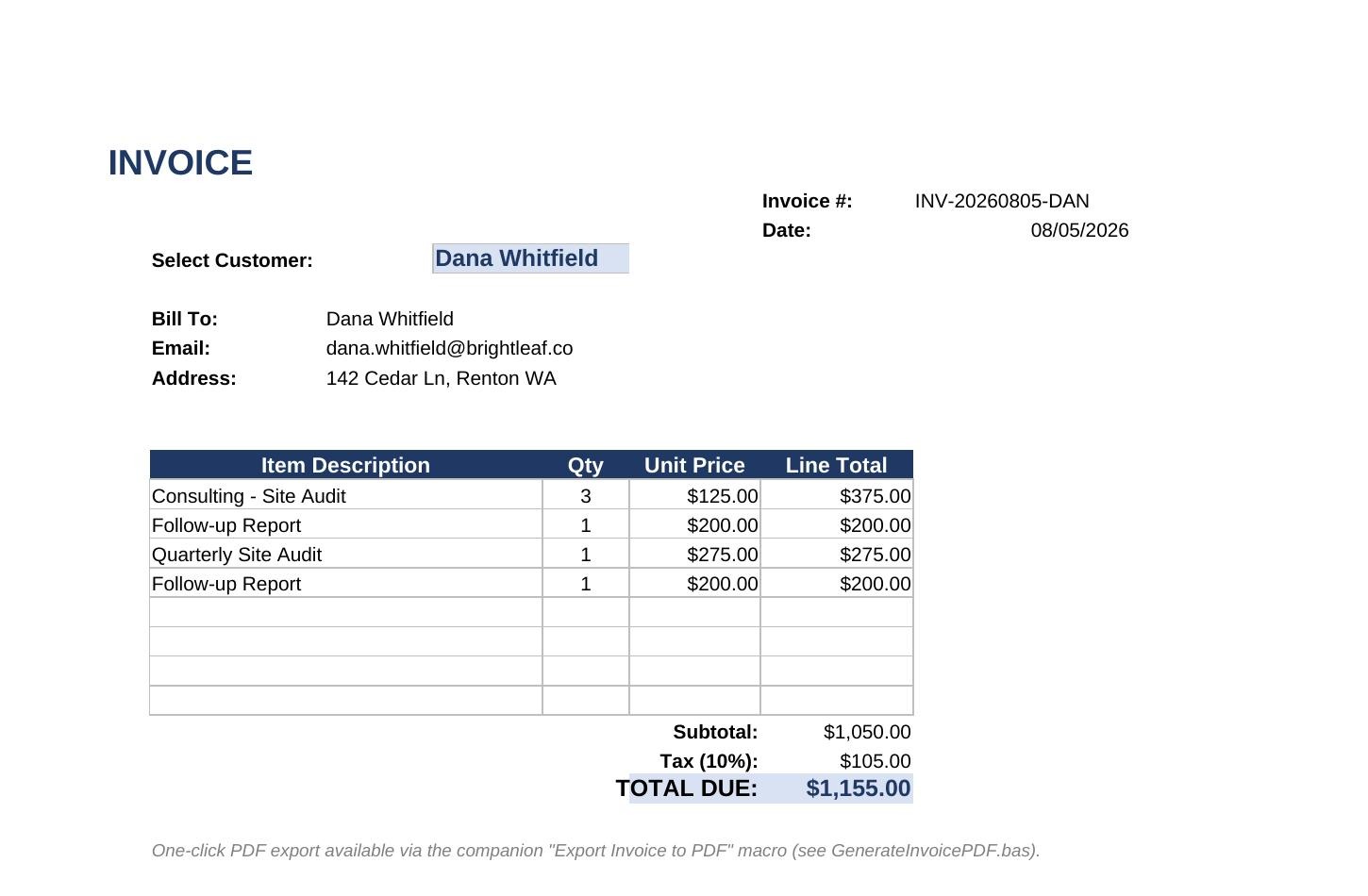 Screenshot of the automated invoice generator, showing a populated invoice for Dana Whitfield with a $1,155 total due.