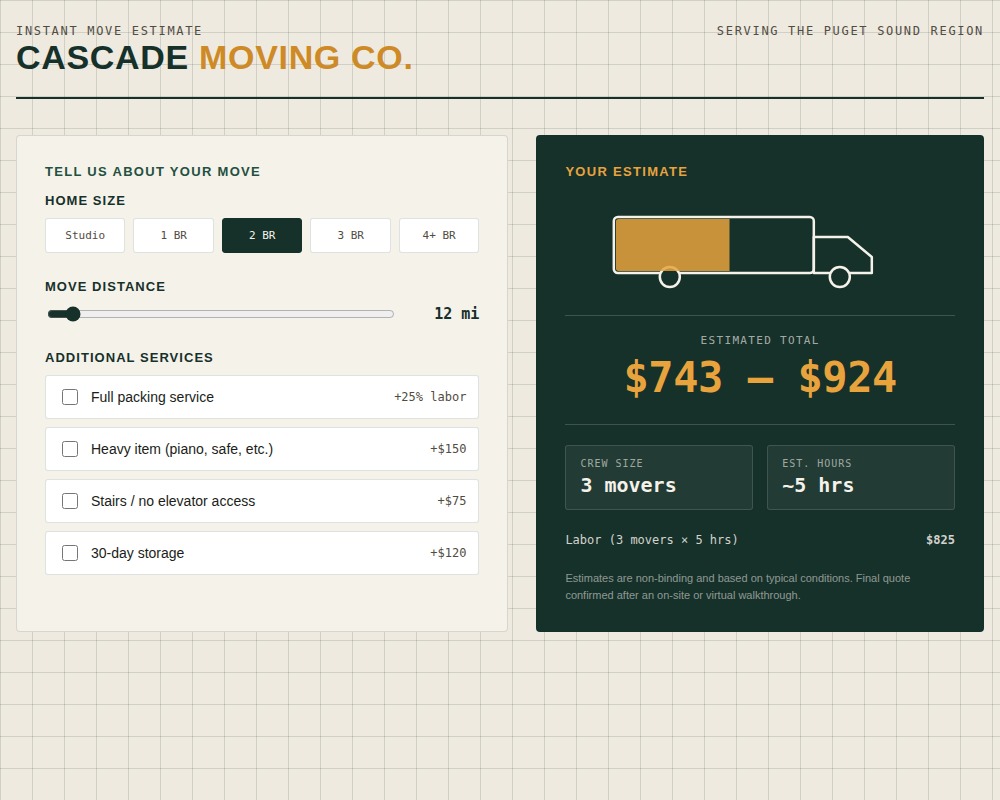 Screenshot of the Cascade Moving Co. instant quote calculator, showing a live price estimate of $743 to $924.